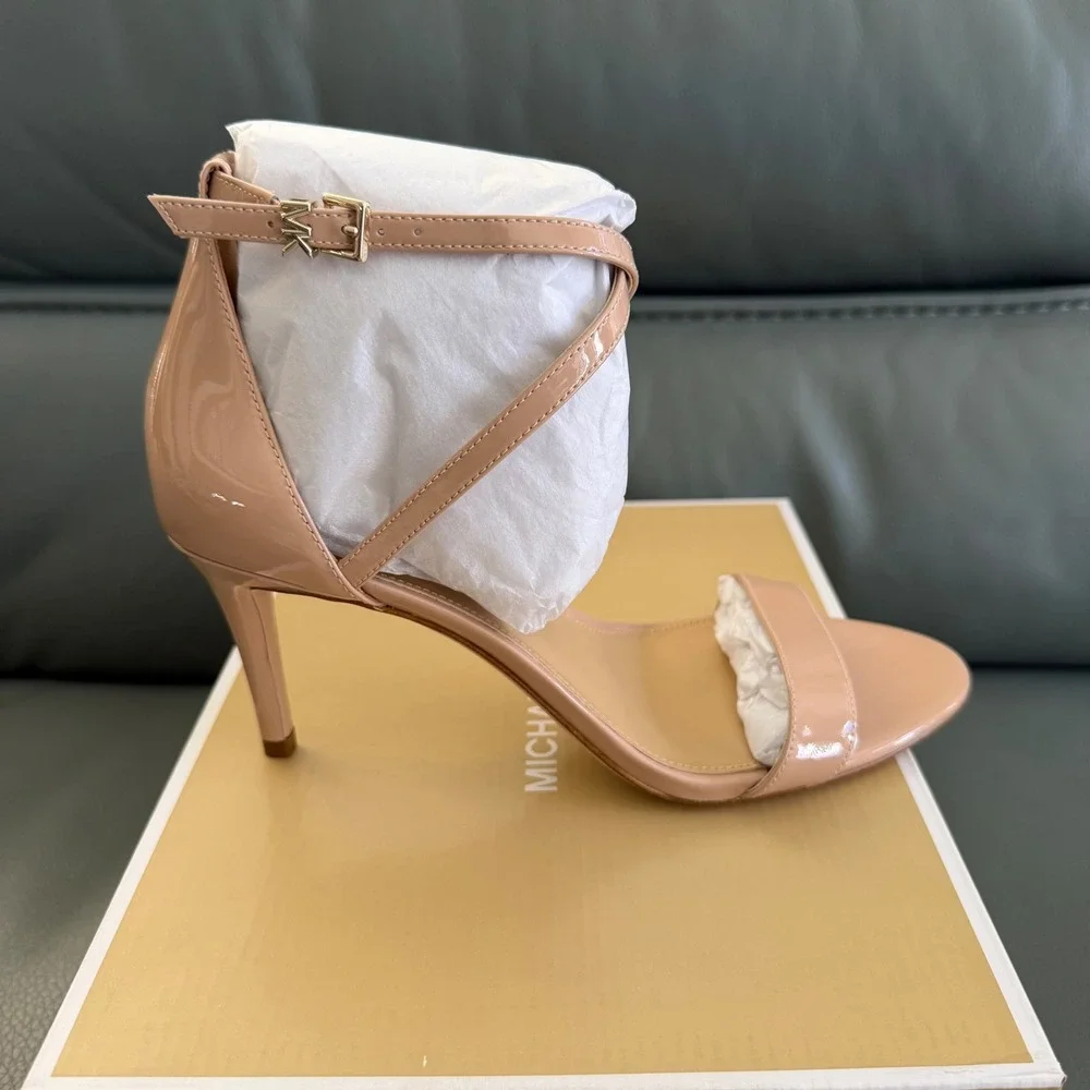 Michael Kors Ava Mid Sandal Patent Lt Blush Pink Stiletto Heels 40F9AVMA1A 8M